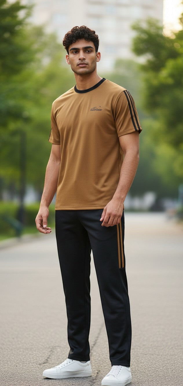 Swift Gear athletic tracksuit set with a brown t-shirt and black track pants, featuring gold three-stripe detailing and crew neck.