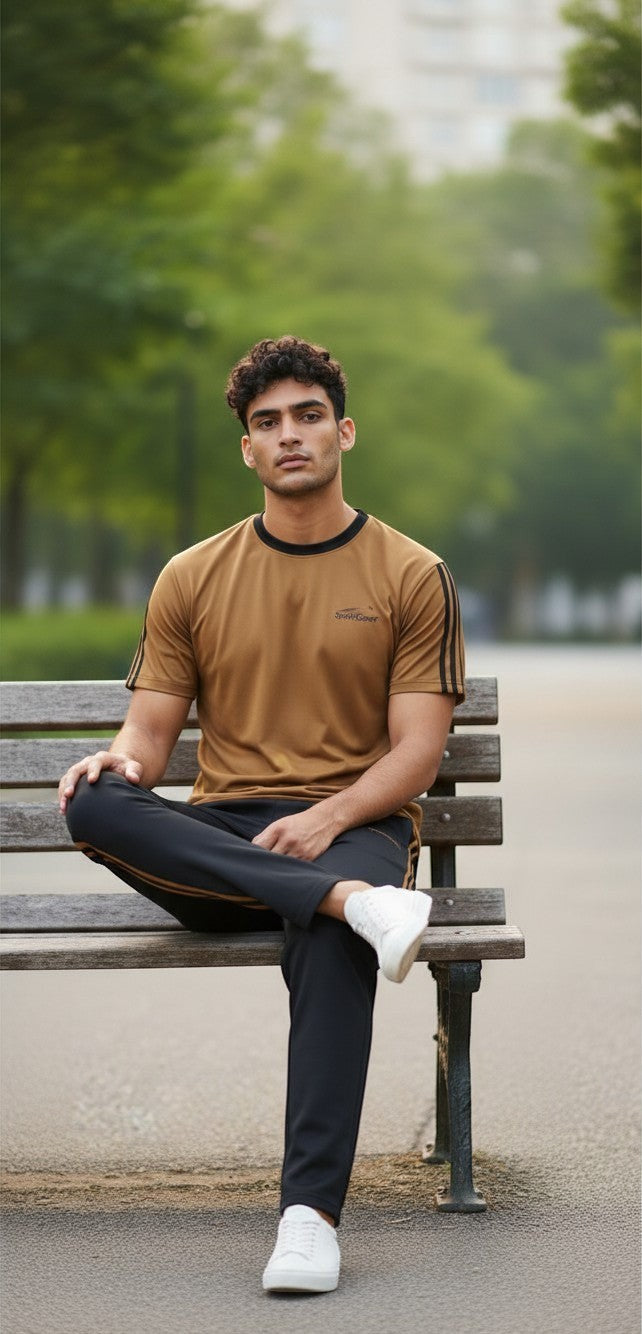Swift Gear men's brown short-sleeve tracksuit set with black pants and gold stripe accents.
