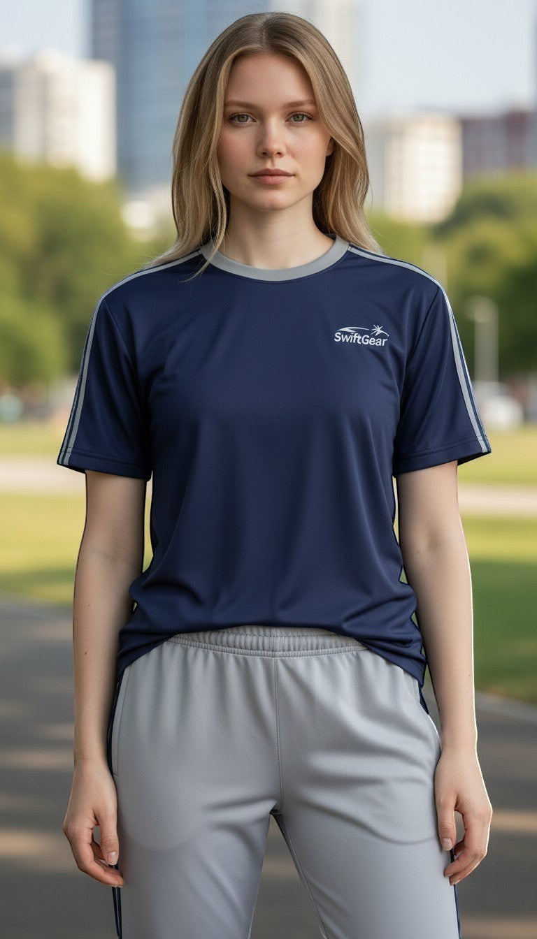 Swift Gear navy blue short-sleeve athletic t-shirt with grey trim and track pants with navy side stripes.