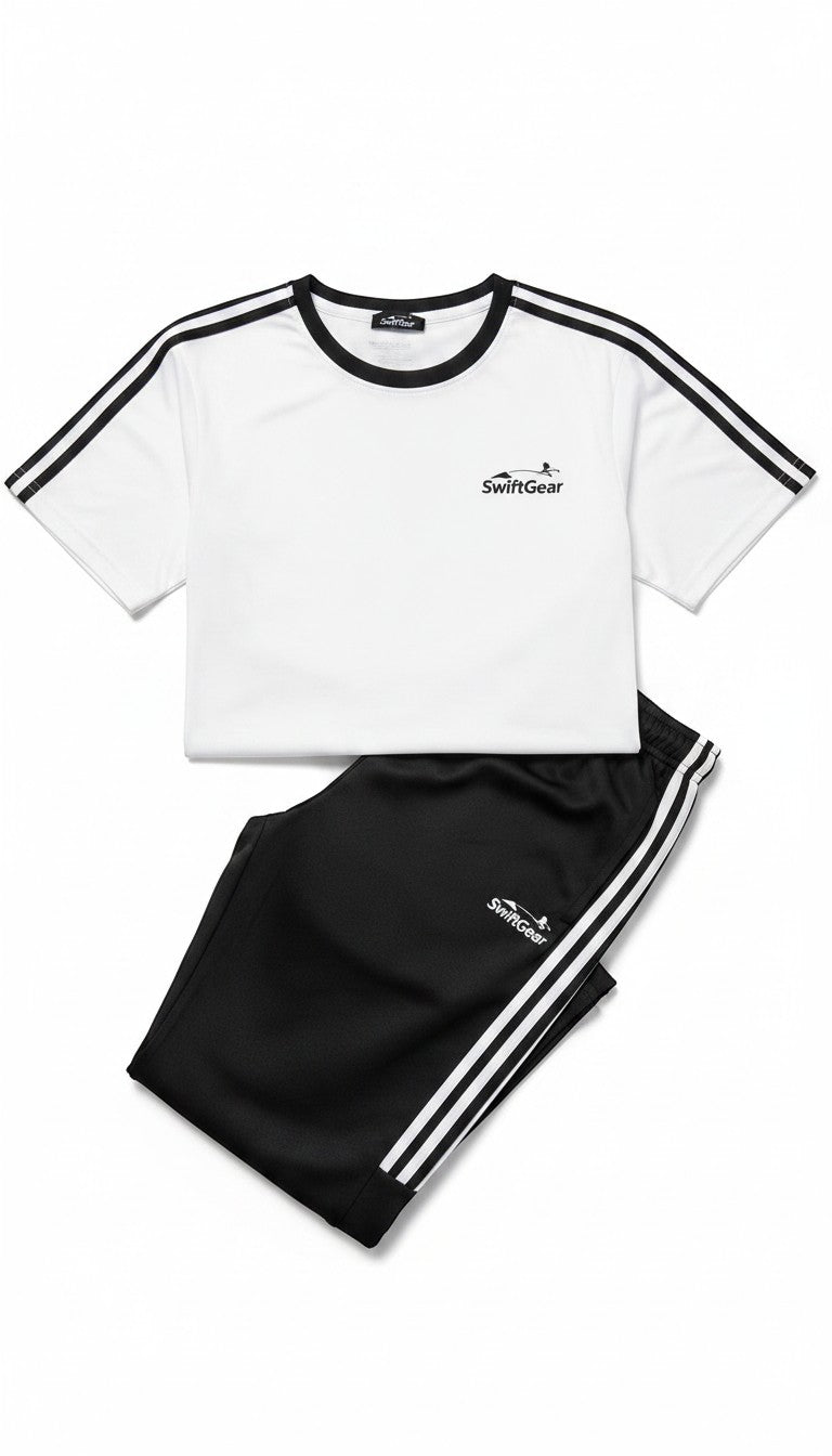 Swift Gear white short-sleeve t-shirt with black piping and black athletic pants with white stripes.