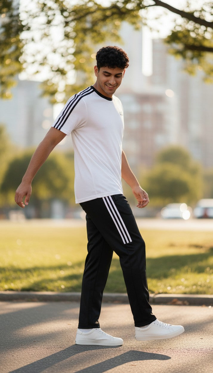 Swift Gear white short-sleeved t-shirt with black piping and black athletic pants with white stripes.