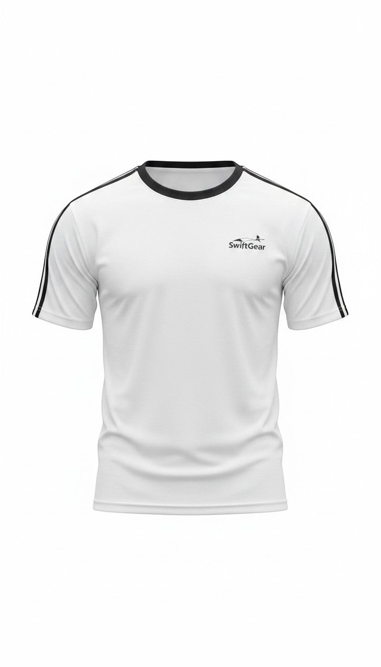 Swift Gear white athletic t-shirt with black piping on sleeves and crew neck, embroidered logo on chest.