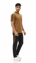 Swift Gear men's brown short-sleeve tracksuit set with black pants, featuring gold stripes on sleeves and pants.