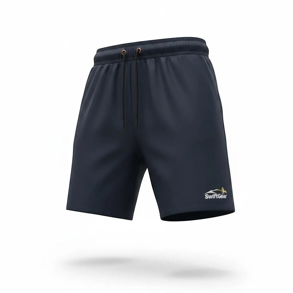 Swift Gear navy athletic performance shorts with elastic waistband and drawstring, side pockets, and logo detail.