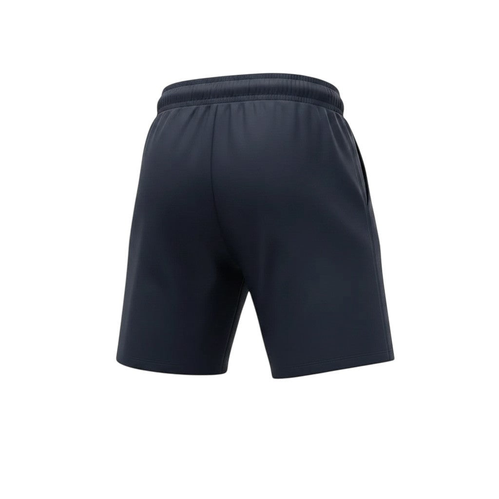 Swift Gear navy athletic performance shorts with drawstring elastic waistband and side pockets.