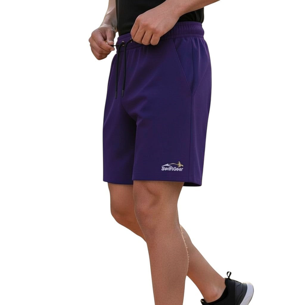 Swift Gear navy athletic performance shorts with drawstring elastic waistband and side pockets.