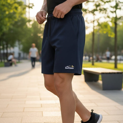 Swift Gear navy athletic performance shorts with elastic waistband, drawstring, and side pockets. Lightweight and breathable fabric.