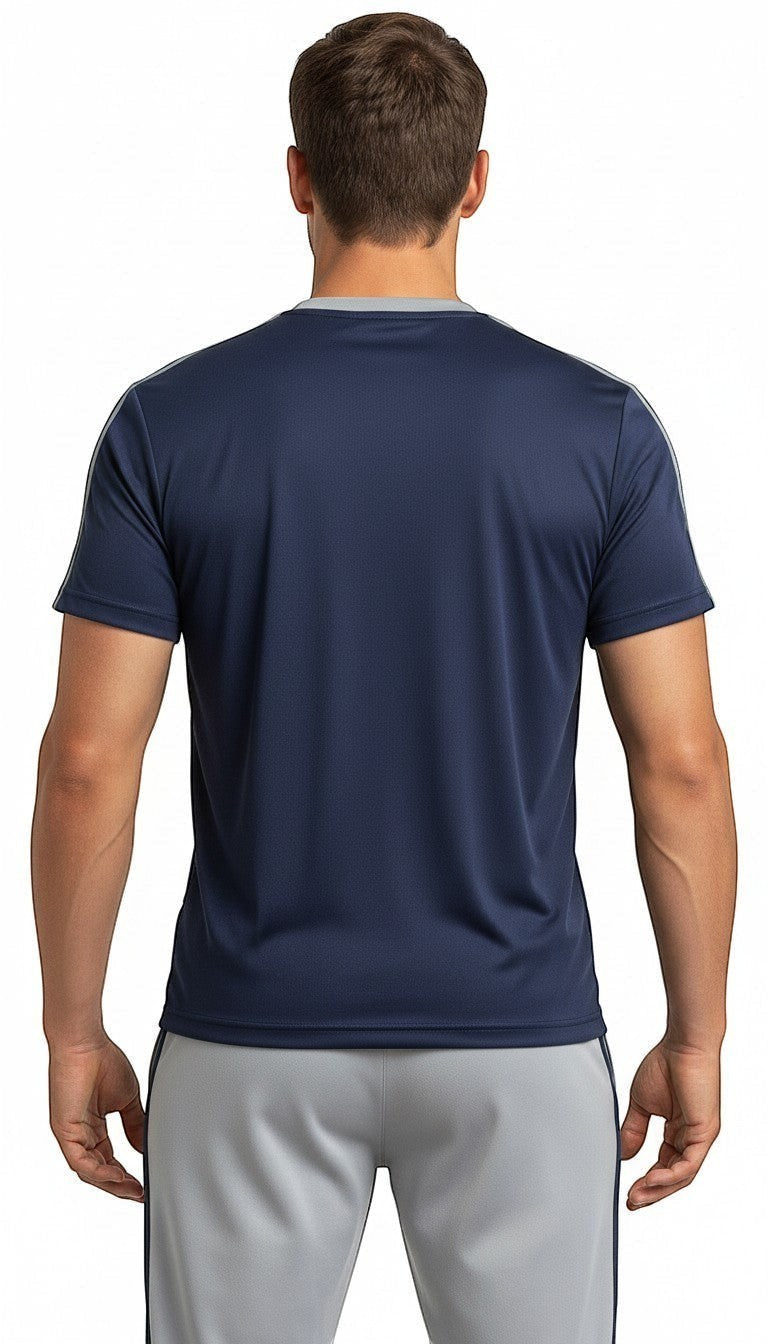 Swift Gear navy blue short-sleeve t-shirt with grey trim and light grey track pants with navy stripe detail.