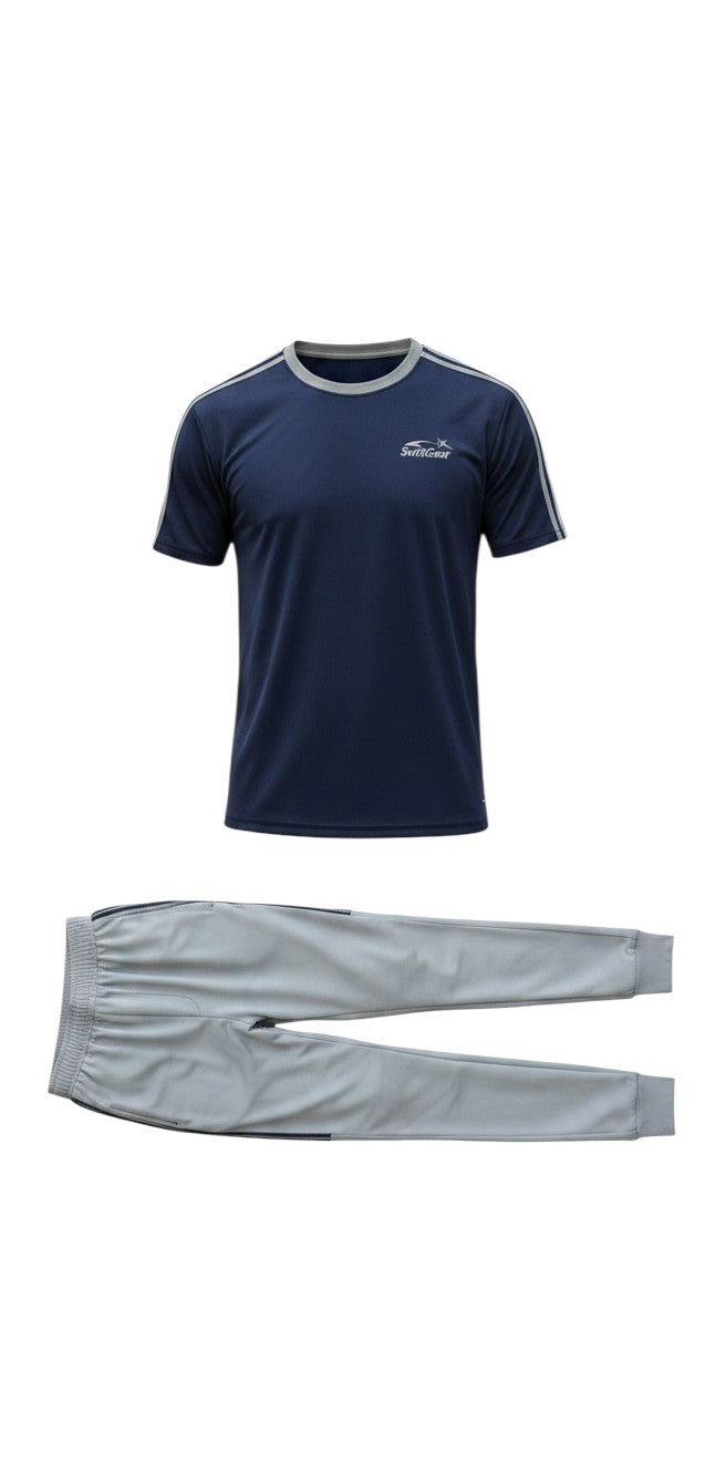 Swift Gear navy blue short-sleeve t-shirt with grey trim and light grey track pants, both with navy triple stripe accents.