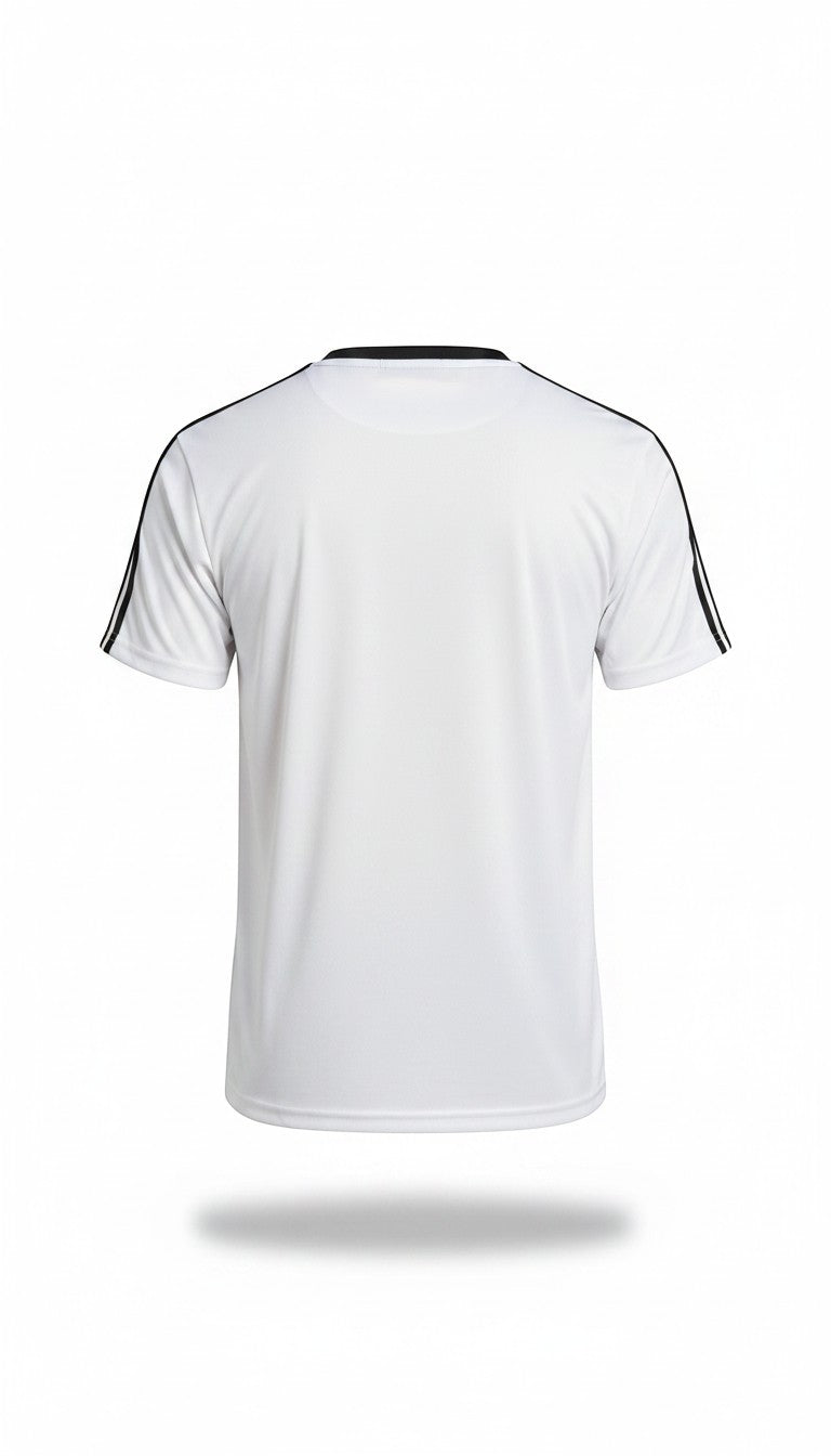Swift Gear white short-sleeved athletic t-shirt with black piping on sleeves and crew neck.